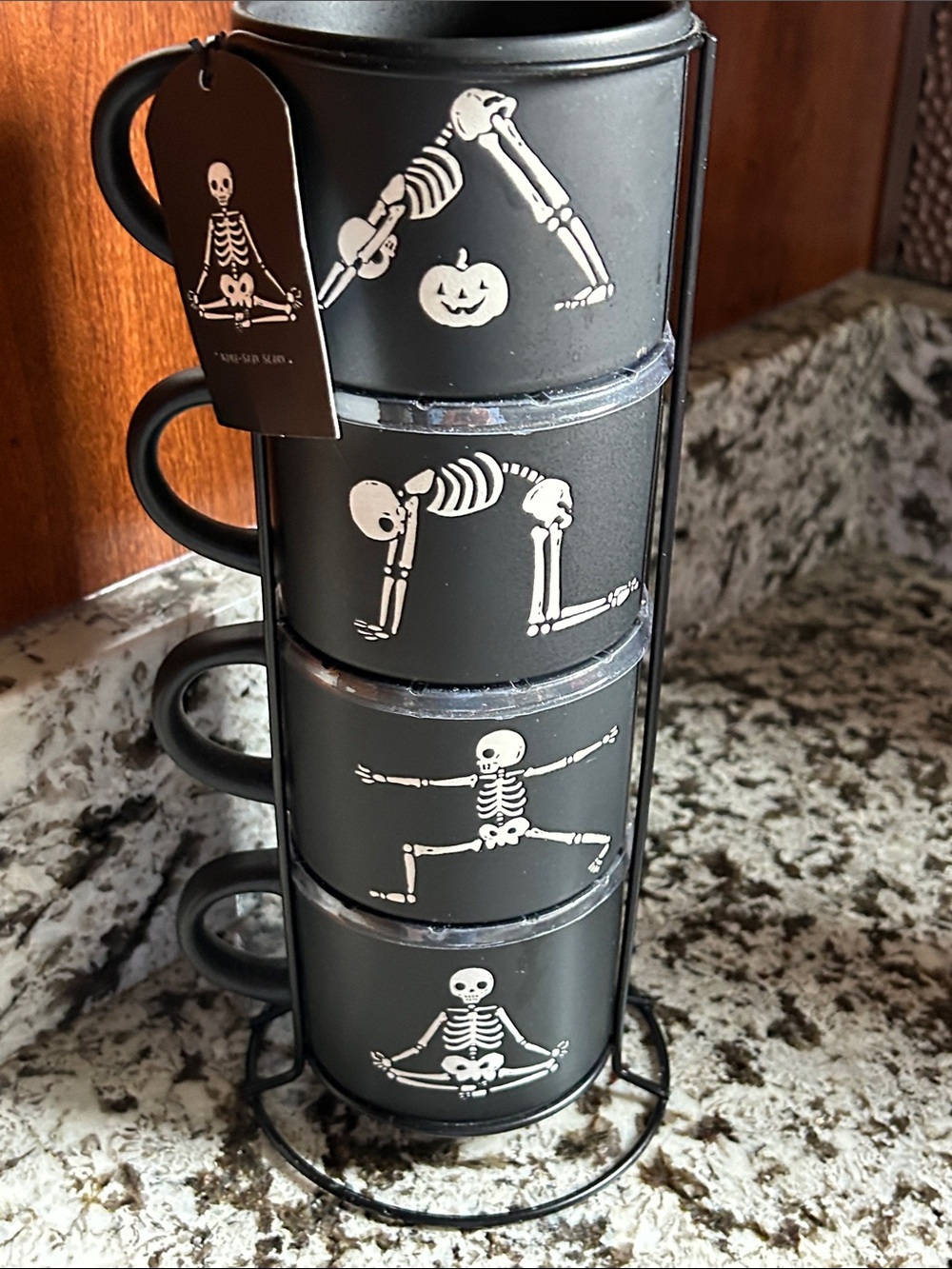 Black Skeleton Yoga Mug Set — Stackable Halloween Coffee Mugs